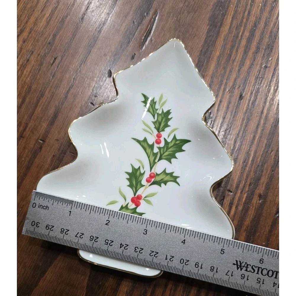 Vintage Kmart Christmas Tree Trinket‎ Dish Holly Berry Gold Trim Japan 6 inch
